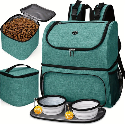 Pet Travel Backpack Double Layer Dog Cat Supplies Bag with 2 Collapsible Bowls 2 Food Baskets Portable Organizer for Outdoor Hiking Camping Road Trip