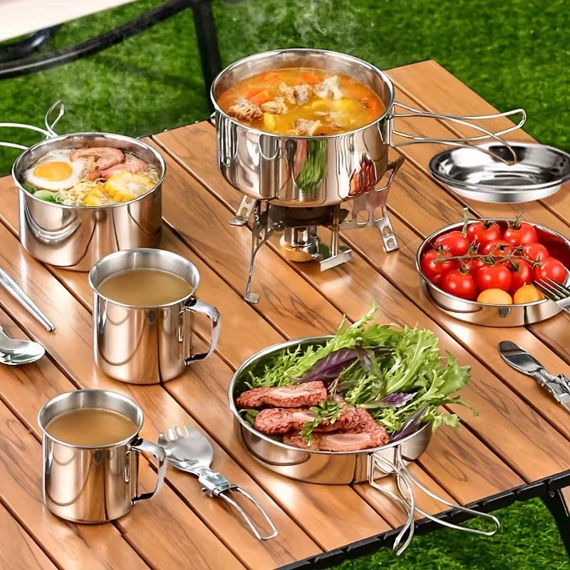 Camping Tableware Set 8 Piece Stainless Steel – Portable Outdoor Dining Set with Foldable Handle Plates, Cups & Utensils | Lightweight Camping Cookware for 2-3 People, Picnic, BBQ & Hiking
