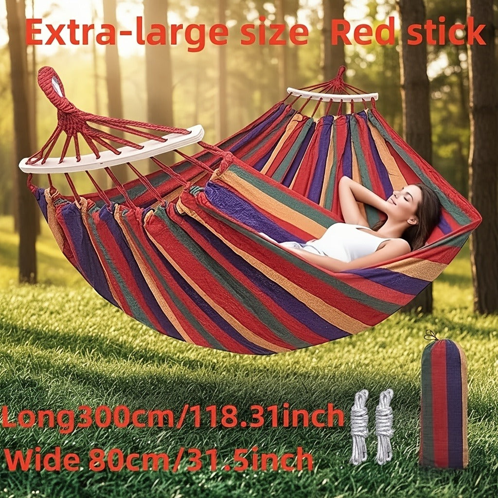 Outdoor Woven Hammock with Wooden Spreader Bar – Thickened Nylon Rope, Single or Double Size – Hanging Chair Swing Bed for Garden, Courtyard, Park & Balcony (No Frame Included)