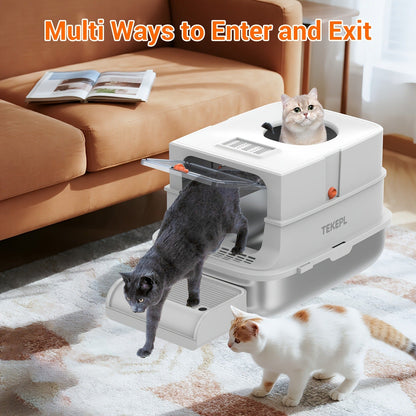 Stainless Steel Cat Litter Box with Lid - Extra Large 68L Enclosed & Semi-Open Modular System, 304 Steel Non-Stick Easy Clean, Charcoal Filter, Litter Mat & Scoop Included, Indoor XL Pet Toilet