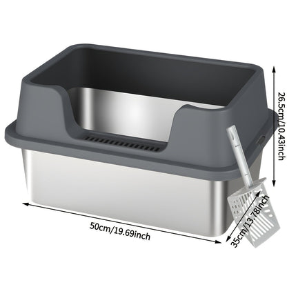 Stainless Steel Cat Litter Box with Scoop - High-Wall Semi-Enclosed Design, Non-Stick Easy Clean Surface, Anti-Leakage Odor Control, 2 Sizes for Kittens & Multiple Cats, Modern Metal Pet Toilet