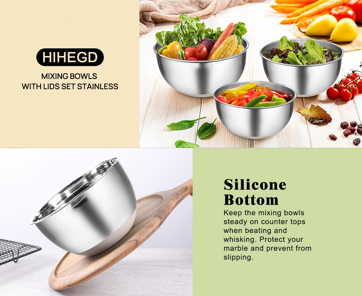 Stainless Steel Mixing Bowls Set with Airtight Lids 7 Piece, Stackable Nesting Bowls with Measuring Spoons Whisk Spatula Tongs Basting Brush, Dishwasher Safe Kitchen Bowls for Cooking Baking Camping Travel