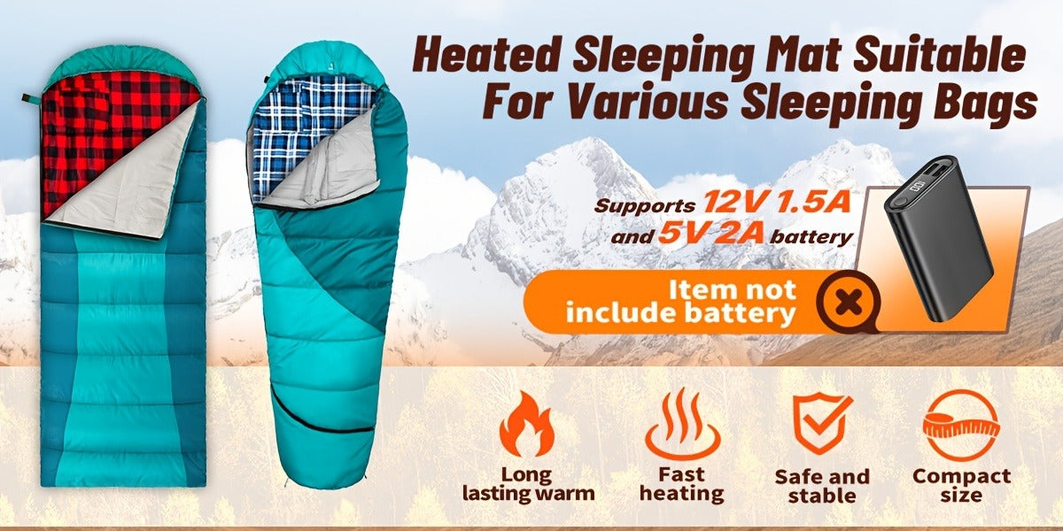 Heated Sleeping Bag Liner with 5 Heating Zones – Electric Sleeping Bag Mat, 3-Level USB Heat Control for Cold Weather Camping, Backpacking & Hiking | Blue & Red (Battery Not Included)