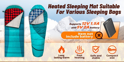 Heated Sleeping Bag Liner with 5 Heating Zones – Electric Sleeping Bag Mat, 3-Level USB Heat Control for Cold Weather Camping, Backpacking & Hiking | Blue & Red (Battery Not Included)