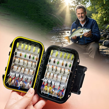 Fly Fishing Lures 72pcs Dry & Wet Flies Assortment with Fly Box - Hand-Tied 6 Patterns for Trout, Bass & Salmon, Biomimetic Bait, Fisherman Gift