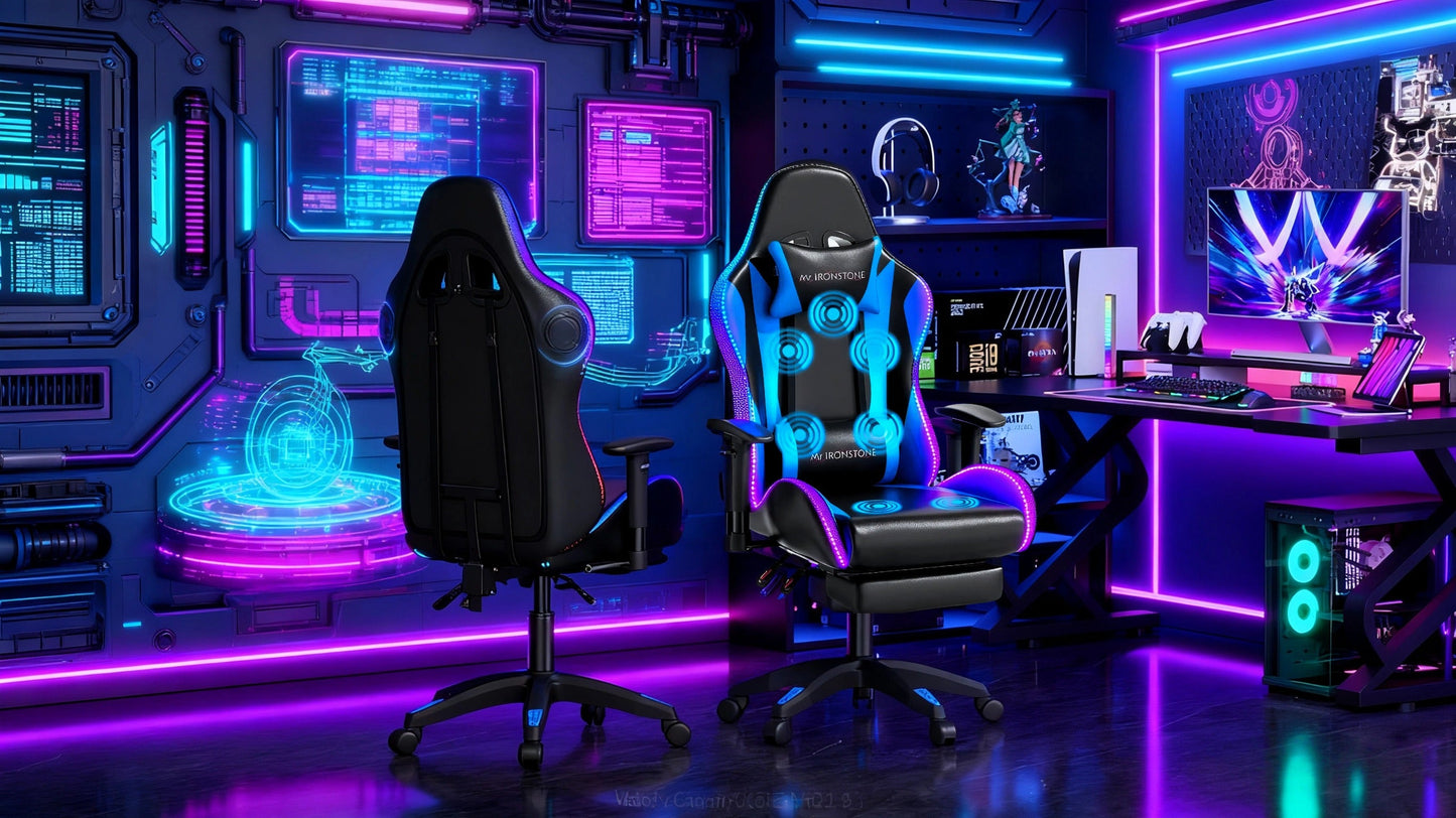 Gaming Chair with Massage and Bluetooth Speaker – RGB LED Lights, 135° Reclining with Footrest, 7-Point Vibration, 3D Adjustable Arms, 360° Swivel, Heavy Duty 400 lbs Big & Tall Ergonomic Chair, Blue Black