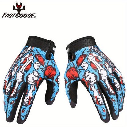 Motocross Gloves Touchscreen Full Finger - Breathable Riding Gloves with Print Design, Adjustable Wrist Closure, Road Racing & Cycling Protection (Blue/Yellow, M-XL)
