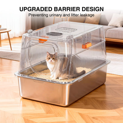 Extra Large Enclosed Cat Litter Box - Stainless Steel with Front Flap Door, Foldable Anti-Splash Fully Covered Design, Superior Odor Control Indoor Cat Toilet, 3 Colors, CITYLIFE Oversized