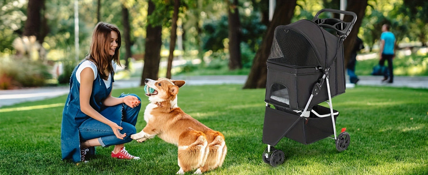 3-Wheel Pet Stroller for Small & Medium Dogs Cats - Foldable Jogger Stroller with Weather Cover, Storage Basket & Cup Holder, Breathable Mesh Window, All-Season Outdoor Walk Pram, Black