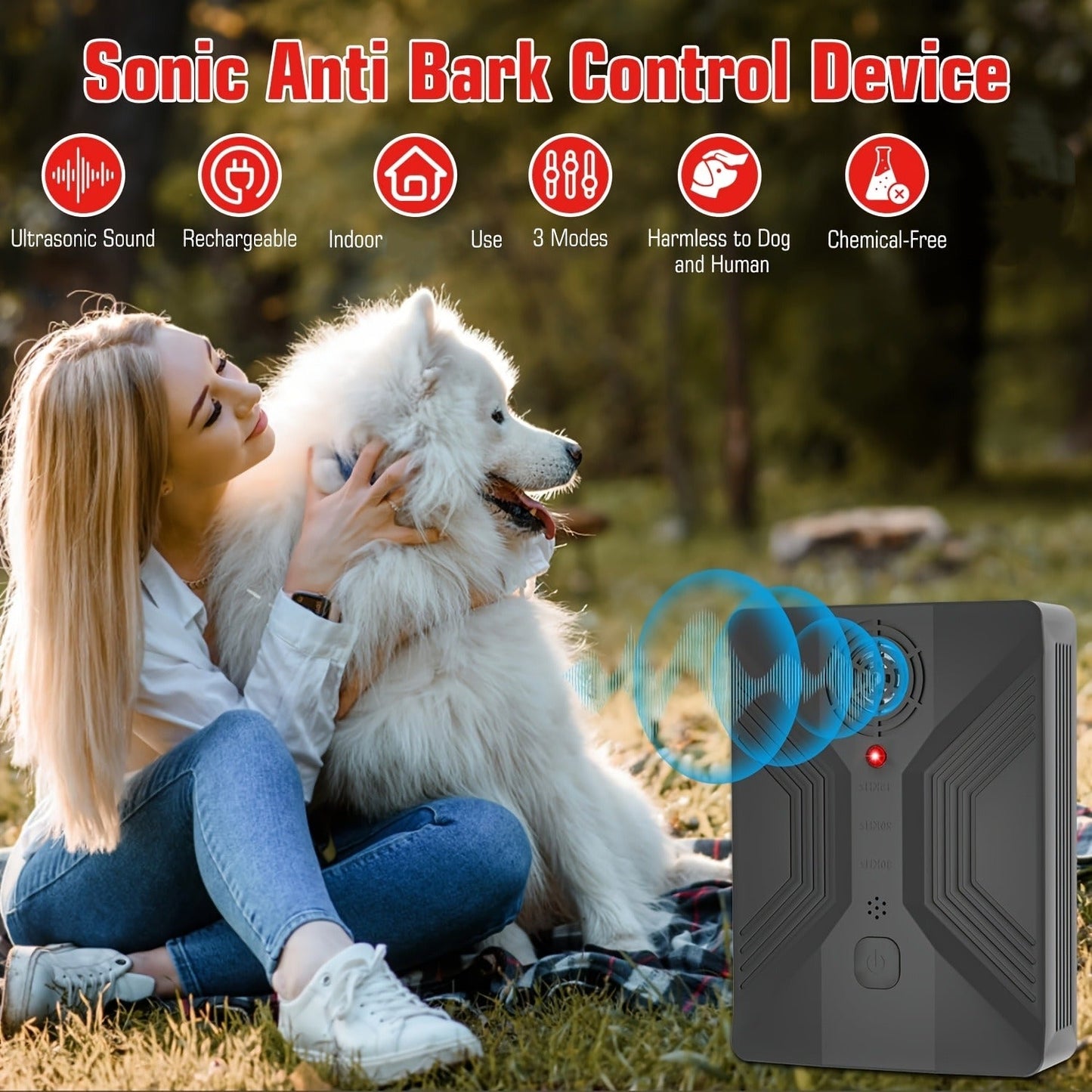 Ultrasonic Anti-Barking Device – Automatic Dog Bark Deterrent with 3 Frequency Modes & 50ft Range | Rechargeable 1500mAh, Hands-Free & Humane | Indoor & Outdoor Bark Control for All Dog Sizes | Dark Gray