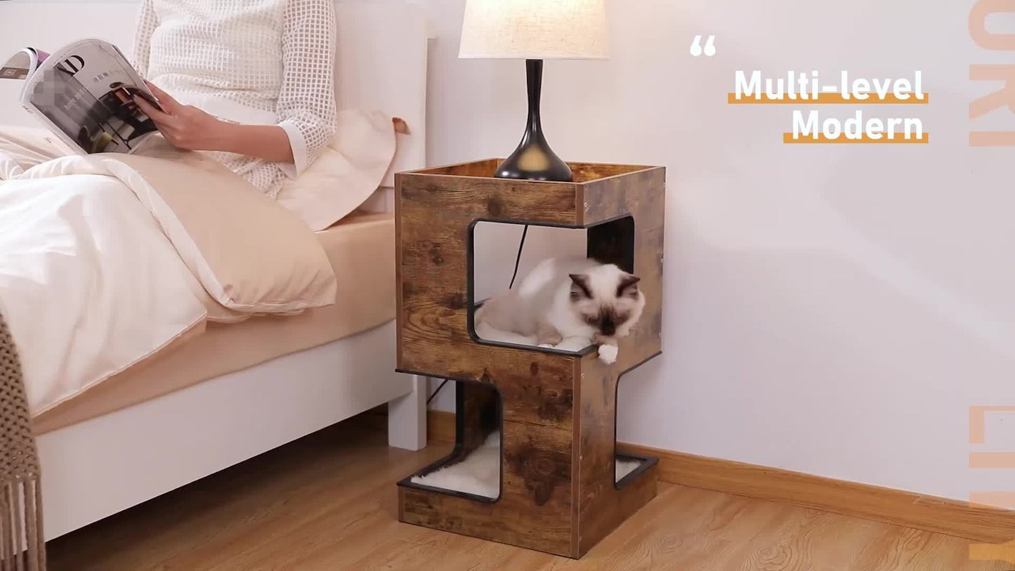 Cat Tree Small Modern 23.6" Wood Cat Tower Furniture with Scratching Pad Removable Soft Mats & Free Cat Toy for Indoor Kittens, Climbing Scratching Playing Cat Furniture for Small Spaces, Brown