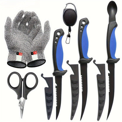 Fishing Knife Set 3-Piece Stainless Steel Fillet Boning Knife with Cut Resistant Gloves Fishing Line Cutter Stretch Rope for Fishing Camping Carving