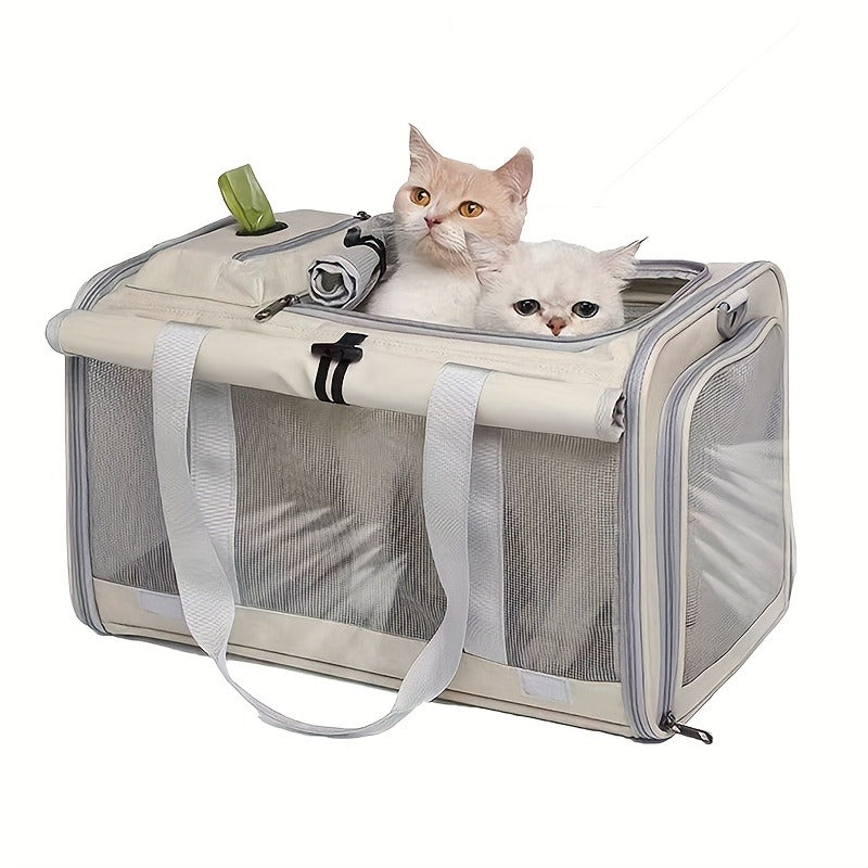 Airline Approved Pet Carrier Soft Sided Collapsible for Cats & Small Dogs - Breathable Oxford Cloth Travel Bag with Zipper Closure, Privacy Cover & Combo Set with Collar Leash Harness, Blue Pink Grey Green Beige