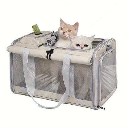 Airline Approved Pet Carrier Soft Sided Collapsible for Cats & Small Dogs - Breathable Oxford Cloth Travel Bag with Zipper Closure, Privacy Cover & Combo Set with Collar Leash Harness, Blue Pink Grey Green Beige