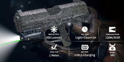 Pistol Light Laser Combo 500 Lumens – Green Red Blue Laser Sight, 5 Modes, USB-C Rechargeable, Fits Subcompact & Compact Handguns, Adjustable Rail Mount Weapon Light