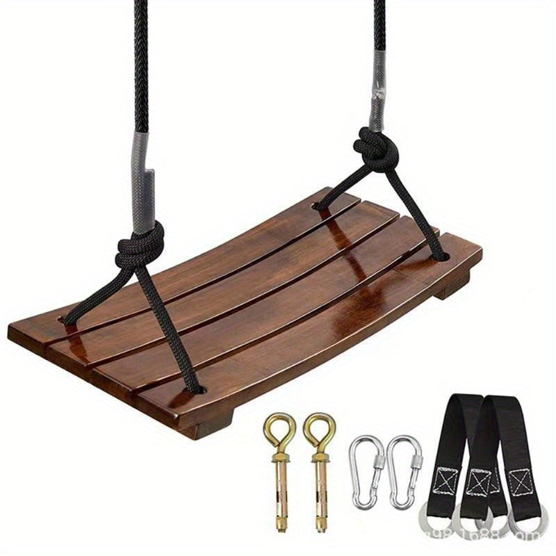 Solid Wood Outdoor Swing Seat 440LBS Capacity Adjustable Rope Length Single Seat Tree Swing for Kids Adults Backyard Garden Patio Hanging Rope Swing