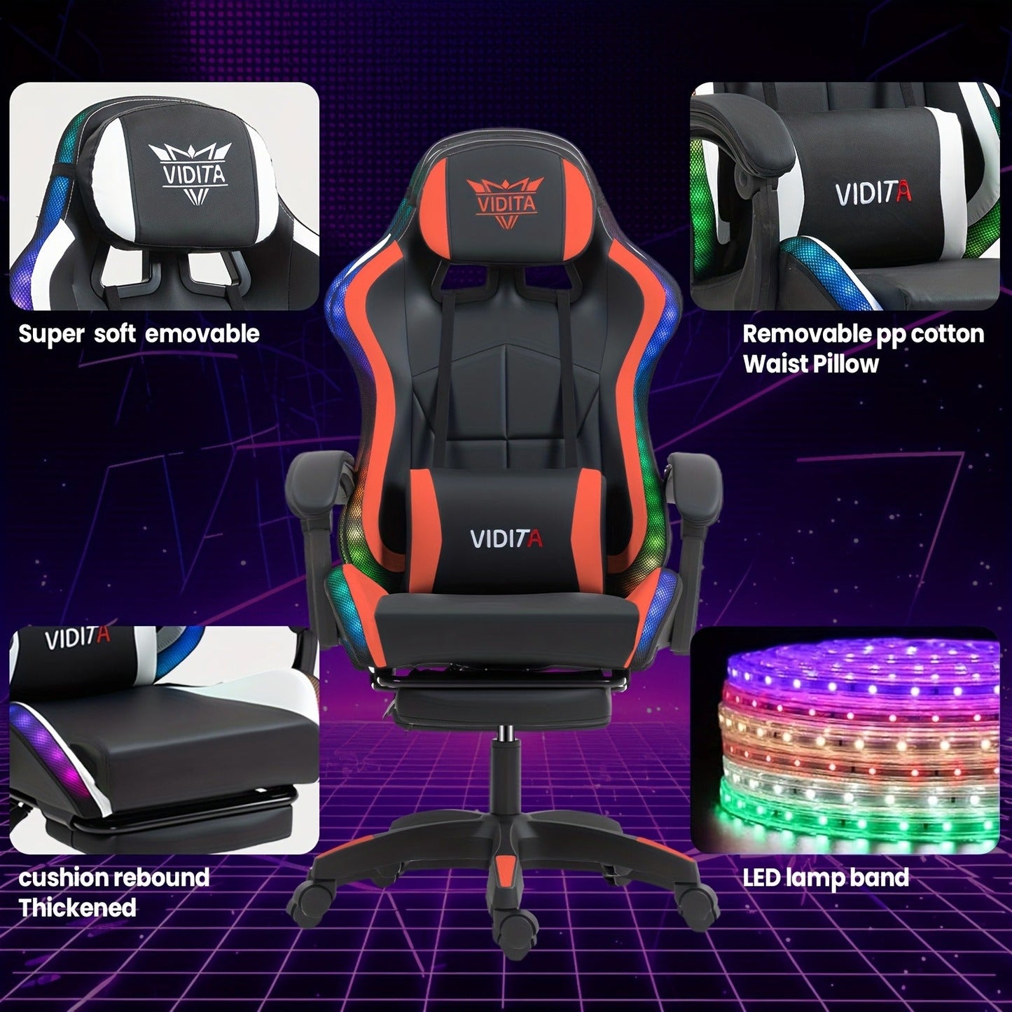 RGB Gaming Chair with LED Lights Footrest Ergonomic Gaming Chair with Massage Lumbar Support Reclining Video Game Chair for Adults Home Office Computer Chair with USB RGB Lighting