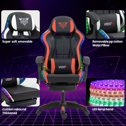 RGB Gaming Chair with LED Lights Footrest Ergonomic Gaming Chair with Massage Lumbar Support Reclining Video Game Chair for Adults Home Office Computer Chair with USB RGB Lighting