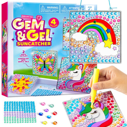 Suncatcher Painting Kit 4pcs for Kids – 2-in-1 Window Art with Gem Stickers & Paint Pens, Butterfly Unicorn Rainbow Sun Designs, Arts Crafts Activity for Girls Boys Ages 6+ Birthday Christmas Gift