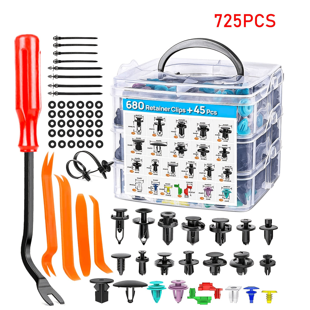 725pcs Automotive Push Pins & Bumper Clips Kit, Retainer Clips, Fender Fasteners, Door Panel And Trunk Trim Rivets With Removal Tool And Cable Ties, Compatible With for TOYOTA, for Honda, for Ford, for Chevrolet And for NISSAN, Fits Most Cars