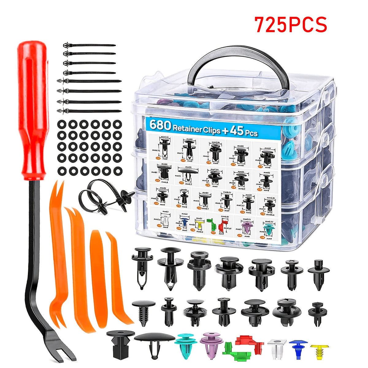 725pcs Automotive Push Pins & Bumper Clips Kit, Retainer Clips, Fender Fasteners, Door Panel And Trunk Trim Rivets With Removal Tool And Cable Ties, Compatible With for TOYOTA, for Honda, for Ford, for Chevrolet And for NISSAN, Fits Most Cars