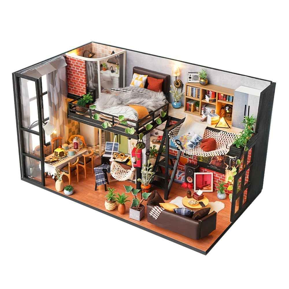 DIY Dollhouse Kit 2 Story with Dust Cover – Handmade Miniature House Model with Furniture Parts, No Glue No Batteries, Creative Build & Display Toy, Christmas Birthday Gift for Girls Teens & Adults