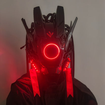 LED Cyberpunk Samurai Mask with Braids – Futuristic Sci-Fi Mechanical Face Mask for Halloween, Cosplay, Music Festival & Rave Party, Blue Green Pink, Free Helmet Included, Adult Gift