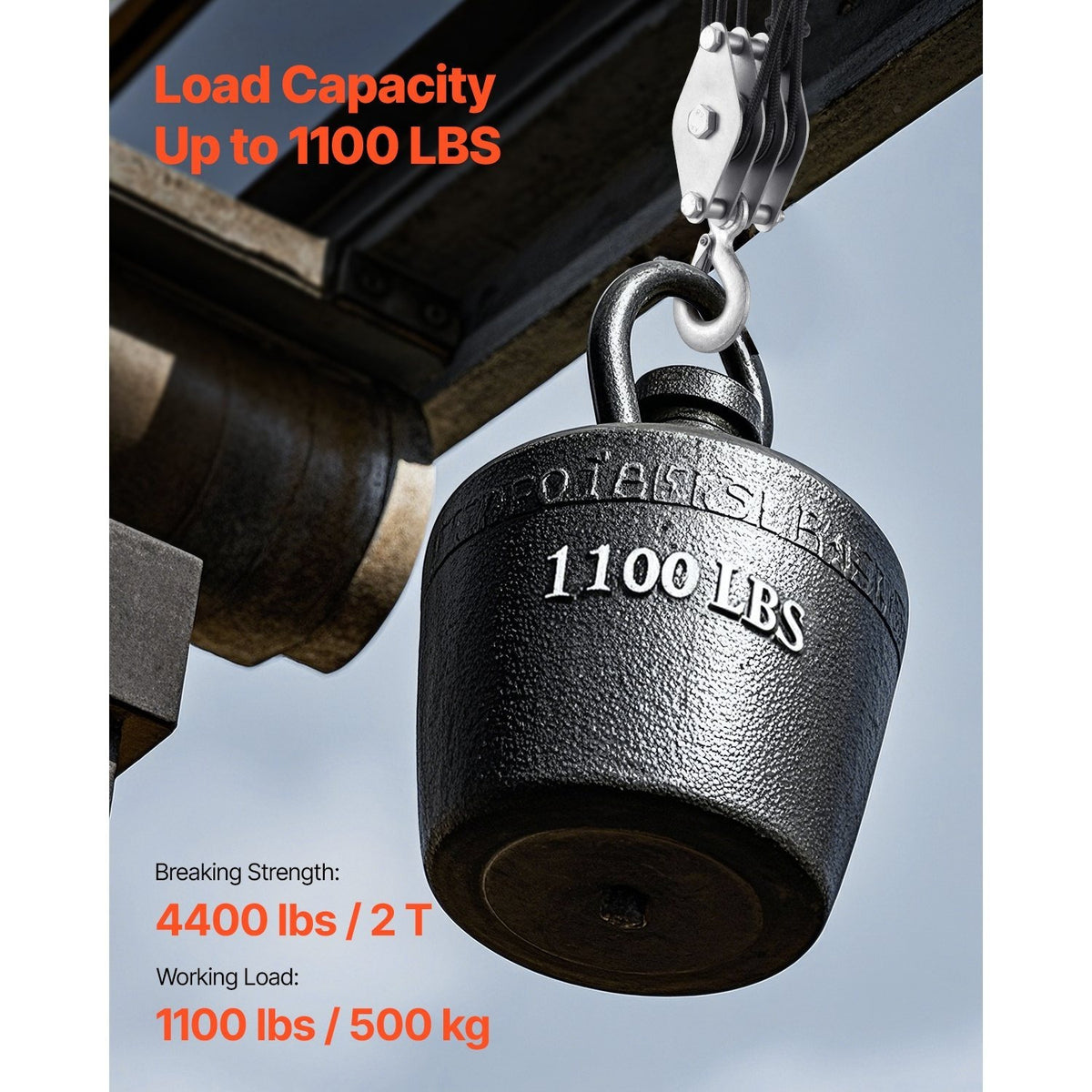 VEVOR 4400 lbs Rope Hoist Pulley System Block and Tackle 5:1 Lifting Ratio 100 ft Rope