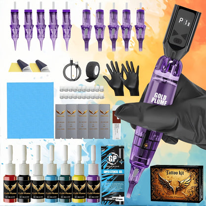 Wireless Tattoo Gun Kit Complete Set 1500mAh Battery 10 Needles 7 Inks – Cordless Rotary Tattoo Machine for Beginners & Professional Artists Home Studio Goldplume TM-73