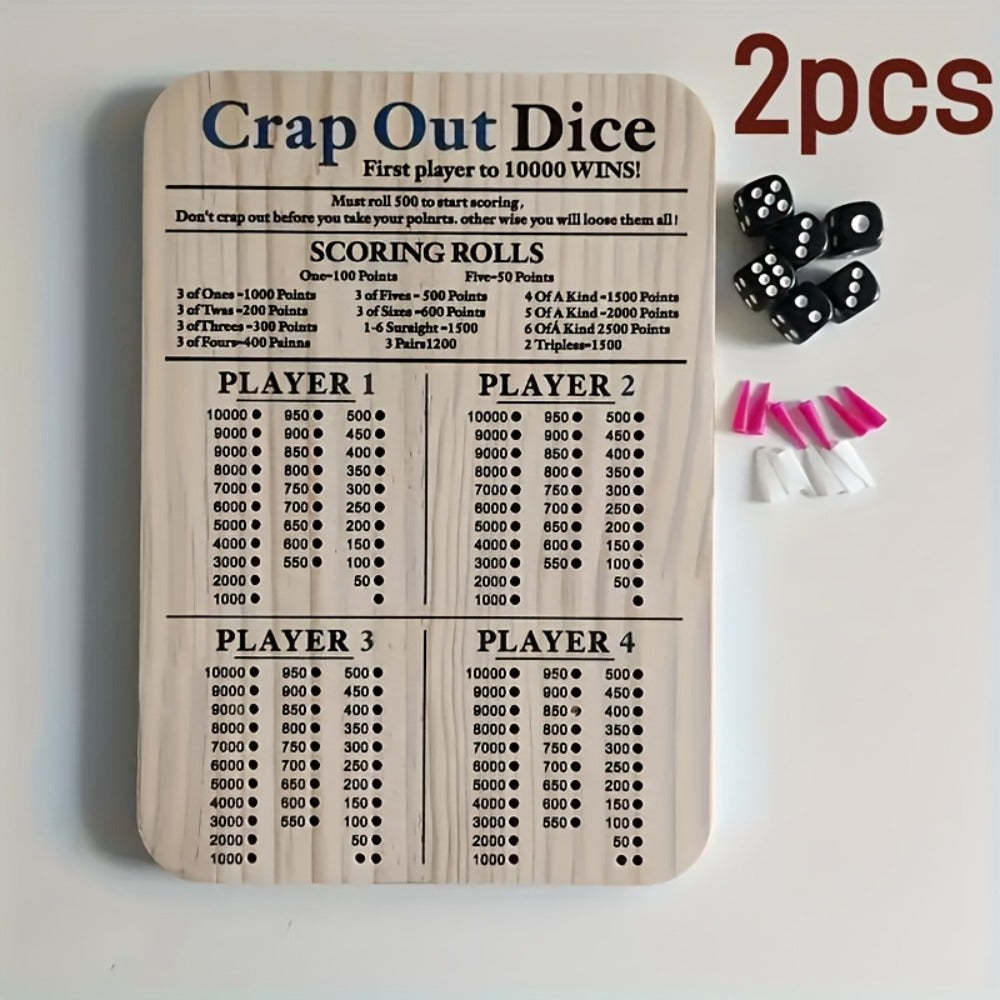 Crap Out Dice Score Board Game 2pcs – 10 Inch Wooden Dice Scoreboard with 6 Dice & 12 Scoring Pegs, Fun Family Dice Game for 1-4 Players, Party Game Night & Gatherings