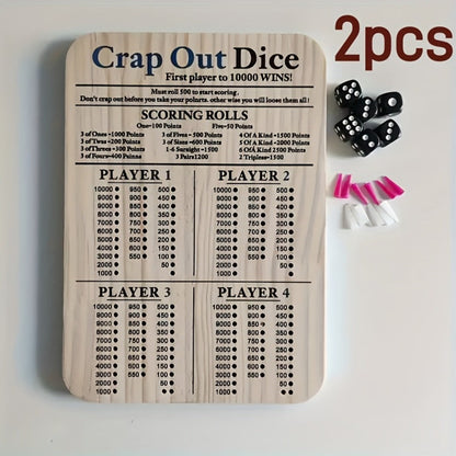 Crap Out Dice Score Board Game 2pcs – 10 Inch Wooden Dice Scoreboard with 6 Dice & 12 Scoring Pegs, Fun Family Dice Game for 1-4 Players, Party Game Night & Gatherings