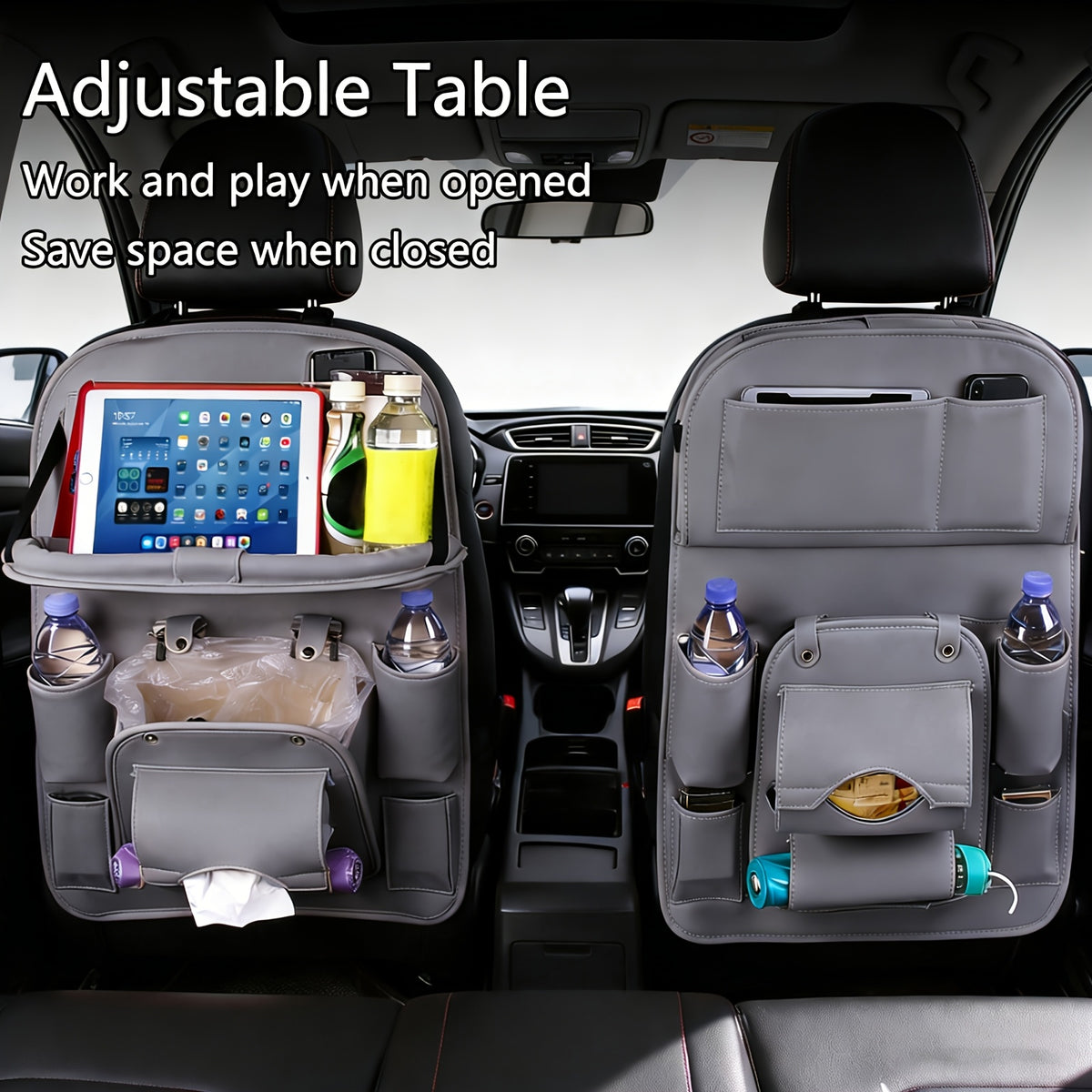 QIANKUNBAG Car Back Seat Organizer with Foldable Tray Interior Tissue Holder, Footrest Protector, And Multi-Pocket Hanging Storage Bag - Durable PU Fabric for Shopping & Essentials Car Seat Organizatio(Pink Black Grey Brown Beige)