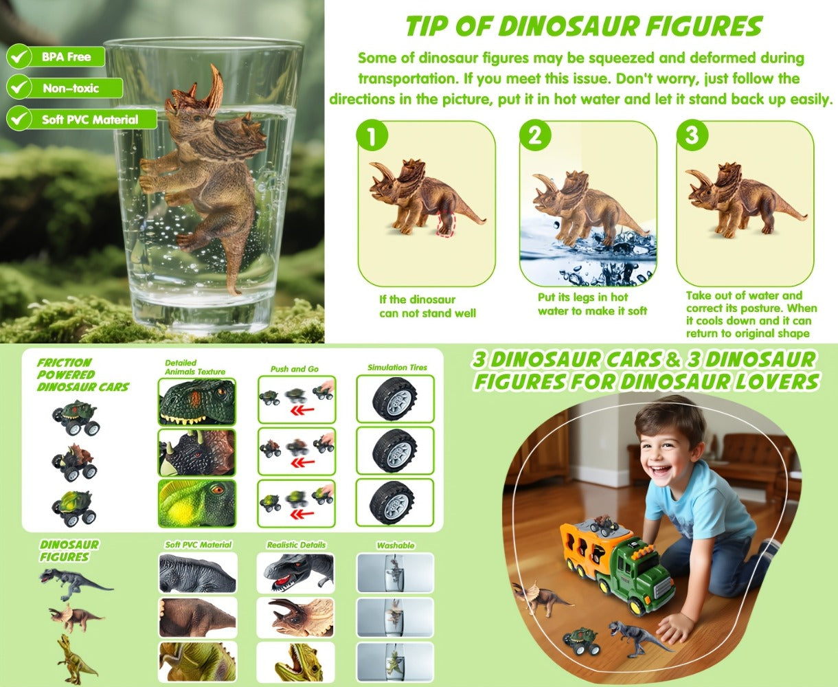 Dinosaur Transport Truck Toy Set with Lights & Sounds – 7-in-1 Dino Carrier with 3 Dinosaur Figures & 3 Monster Cars for Boys Girls Ages 3+, Battery Powered, Birthday Christmas Gift
