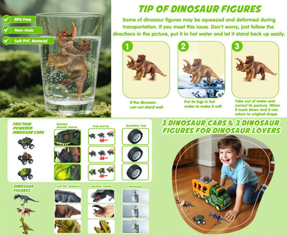 Dinosaur Transport Truck Toy Set with Lights & Sounds – 7-in-1 Dino Carrier with 3 Dinosaur Figures & 3 Monster Cars for Boys Girls Ages 3+, Battery Powered, Birthday Christmas Gift