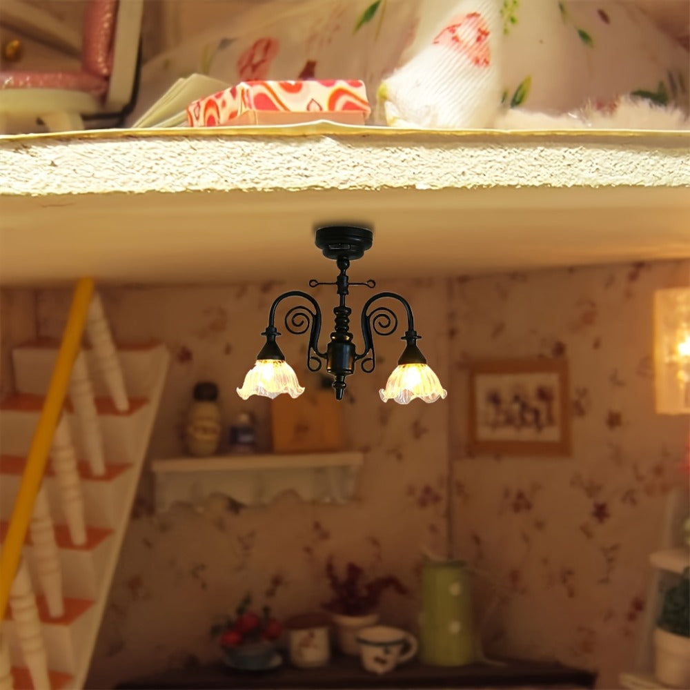 Miniature LED Chandelier Ceiling Lamp Dollhouse Working Light 1:12 Scale Golden Finish DIY Room Box Diorama Sand Table Decor Gift for Miniature Hobbyists Collectors