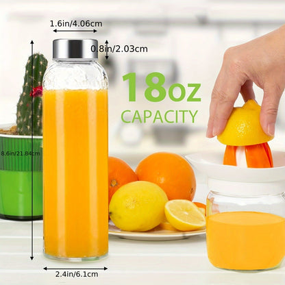 Glass Water Bottles with Lids 6 Pack 18oz – Reusable Leak-Proof Juice Bottles with Stainless Steel Caps for Smoothies, Beverages & Refrigerator Storage, BPA Free, Includes Cleaning Brush & Funnel