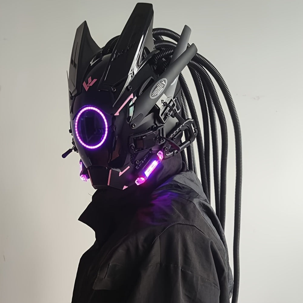 LED Punk Mask with Tubular Braids & Helmet – Futuristic Sci-Fi Mechanical Cosplay Mask for Halloween, Rave Music Festival & Party, Blue Green Pink, Handmade TPU PC Unisex Adult Costume Prop