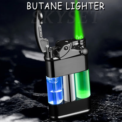Green Flame Metal Lighter Windproof – Refillable Butane Gas Lighter with Adjustable Flame, Fuel Window & Rocker Arm Ignition, Cool Multifunctional Lighter for Outdoor Camping BBQ Cigars (No Butane)