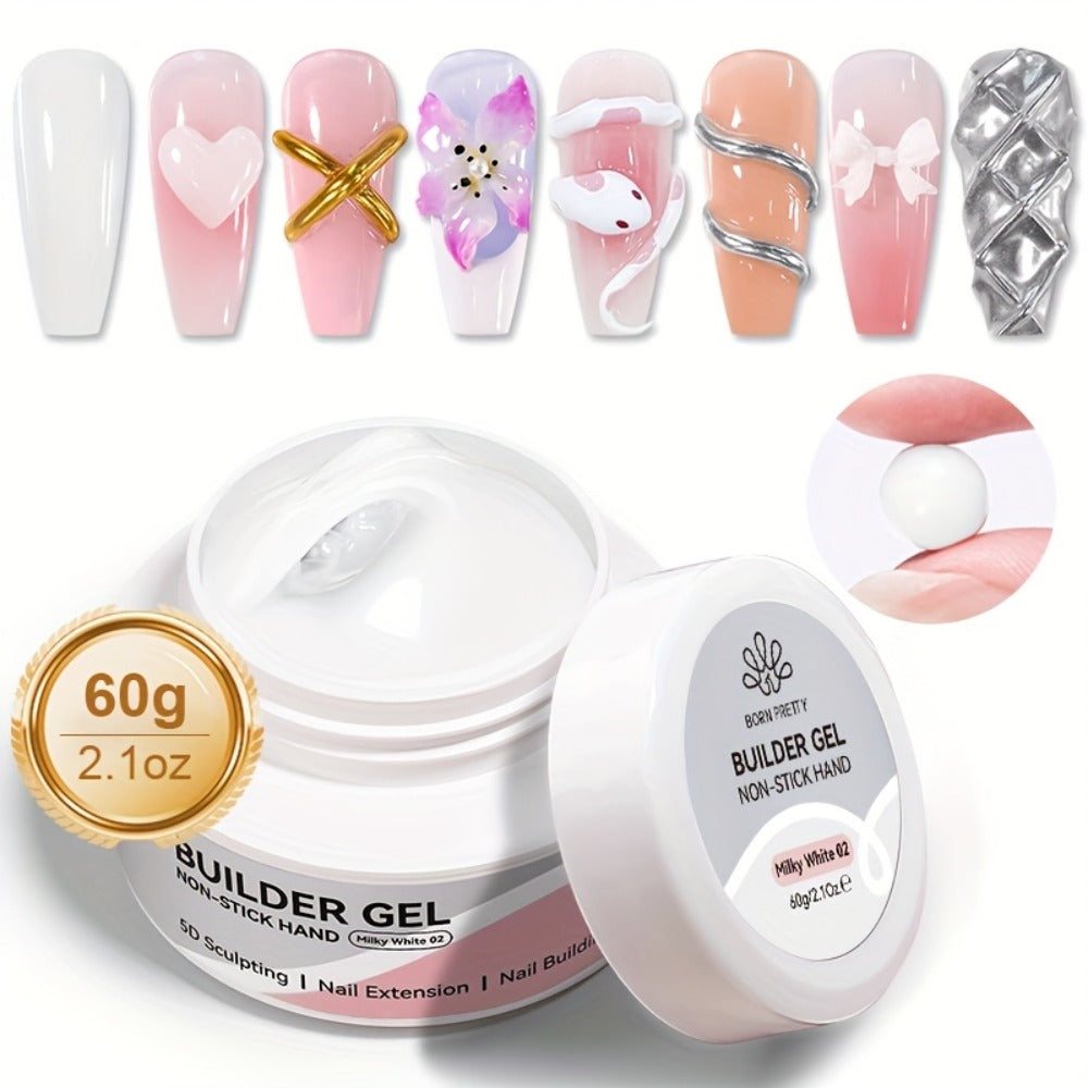 Builder Gel Nail Extension Sculpting Gel 60g No-Sticky Soak-Off – Clear & Milky White 3D Carving Molding UV/LED Curable Construction Gel for DIY & Salon Nail Art Women by BORN PRETTY