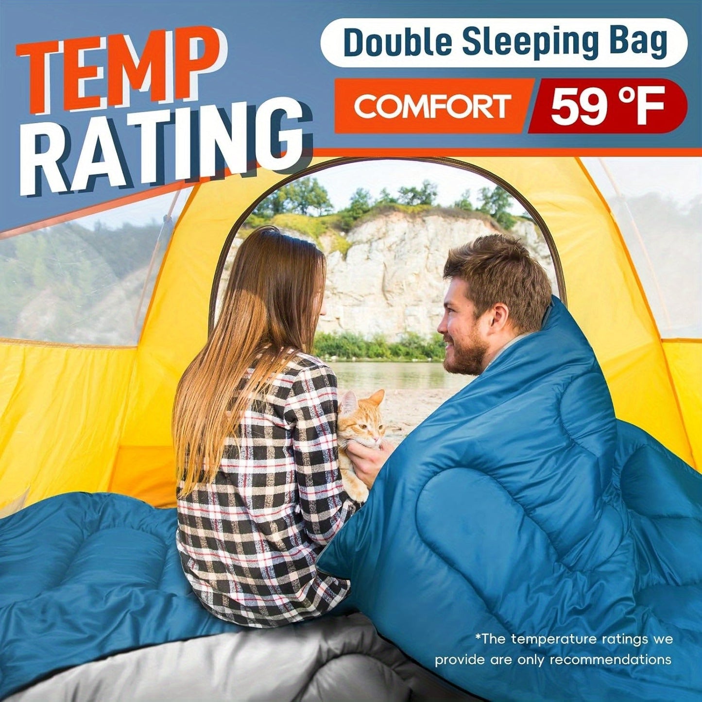 Double Sleeping Bag XL with Pillow for Two Adults – 2-Person Couple Sleeping Bag for Year-Round Camping, Hiking & Backpacking in Cold & Warm Weather, 90.6x61 Inch