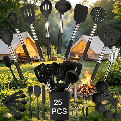 Silicone Kitchen Utensils Set 25pcs Nonstick Cooking Utensils with Stainless Steel Handle Food-Grade Silicone Spatulas Spoons Tongs Complete Kitchen Tool Set for Indoor Outdoor Cooking Grey Black Coffee