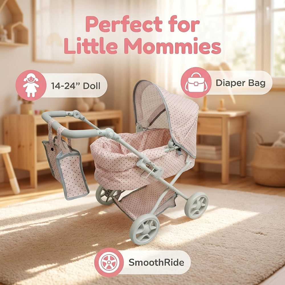 3-in-1 Baby Doll Stroller Set Pink Foldable Pram with Bassinet & Carry Bag for 14-24 Inch Dolls Swivel Wheels Adjustable Handle Nursery Role Play Gift for Girls Ages 3-12 (No Doll)