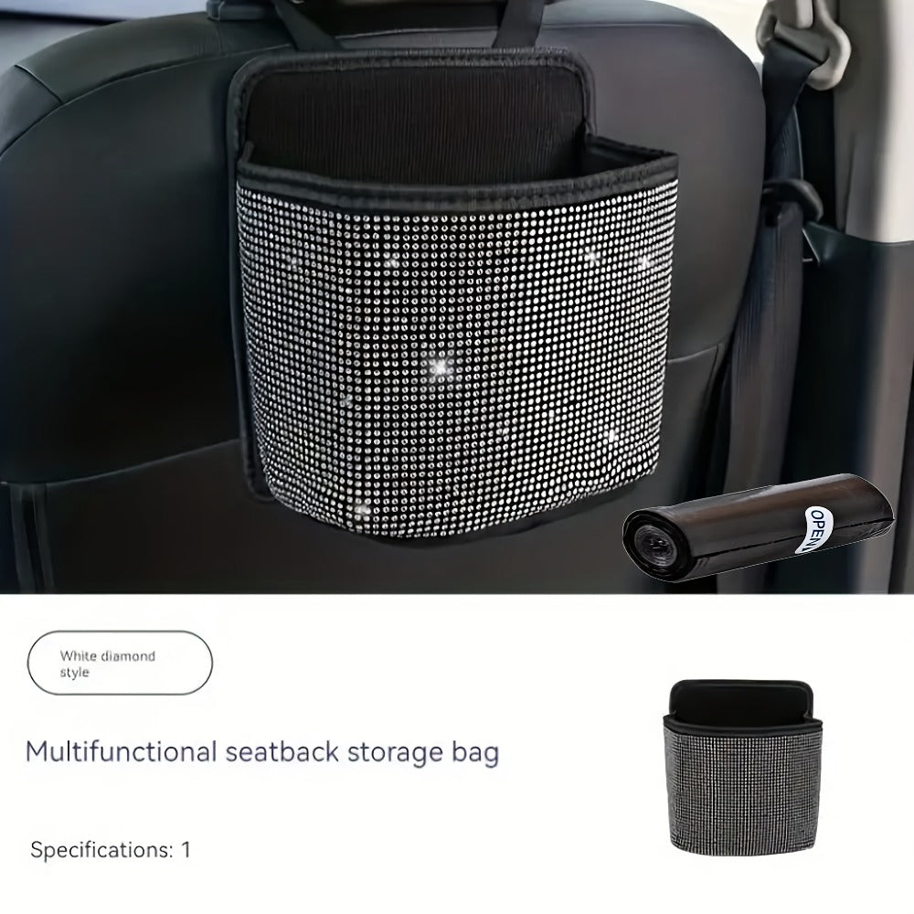 Bling Rhinestone Car Trash Can with Trash Bag – Sparkling Crystal Hanging Seat Back Bin, Space-Saving Car Interior Organizer for Women & Girls