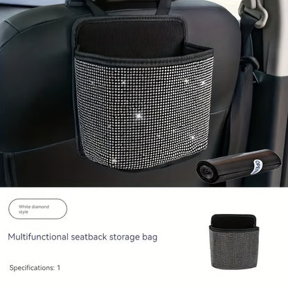 Bling Rhinestone Car Trash Can with Trash Bag – Sparkling Crystal Hanging Seat Back Bin, Space-Saving Car Interior Organizer for Women & Girls