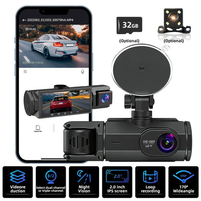 Dash Cam 3-Channel Front Inside Rear – 1080P 170° Wide Angle WiFi Night Vision Loop Recording G-Sensor with 2" IPS Screen & 32GB Card