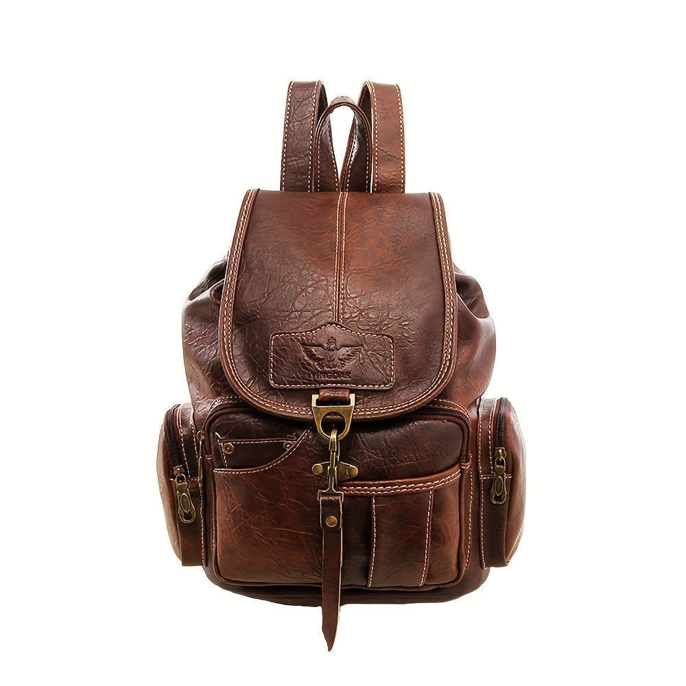 Vintage PU Leather Backpack Shoulder Satchel Multi-Carry Water Resistant Geometric Pattern Zipper Adjustable Strap for Men Women School Travel