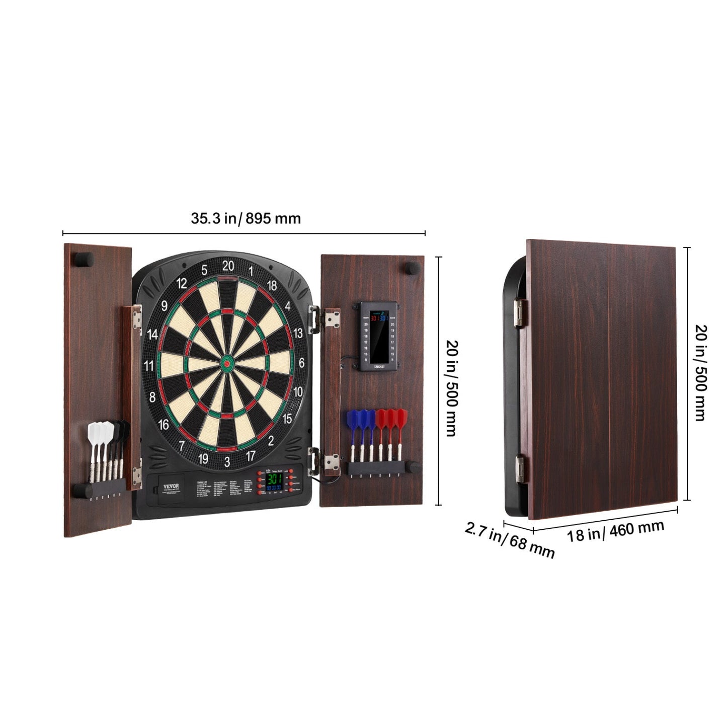 Electronic Dartboard Cabinet Set with LED Scoring – 13.5" Soft Tip, 40 Games 590 Variations, Retro Wood Cabinet, 1-8 Players, 12 Darts & All Accessories Included