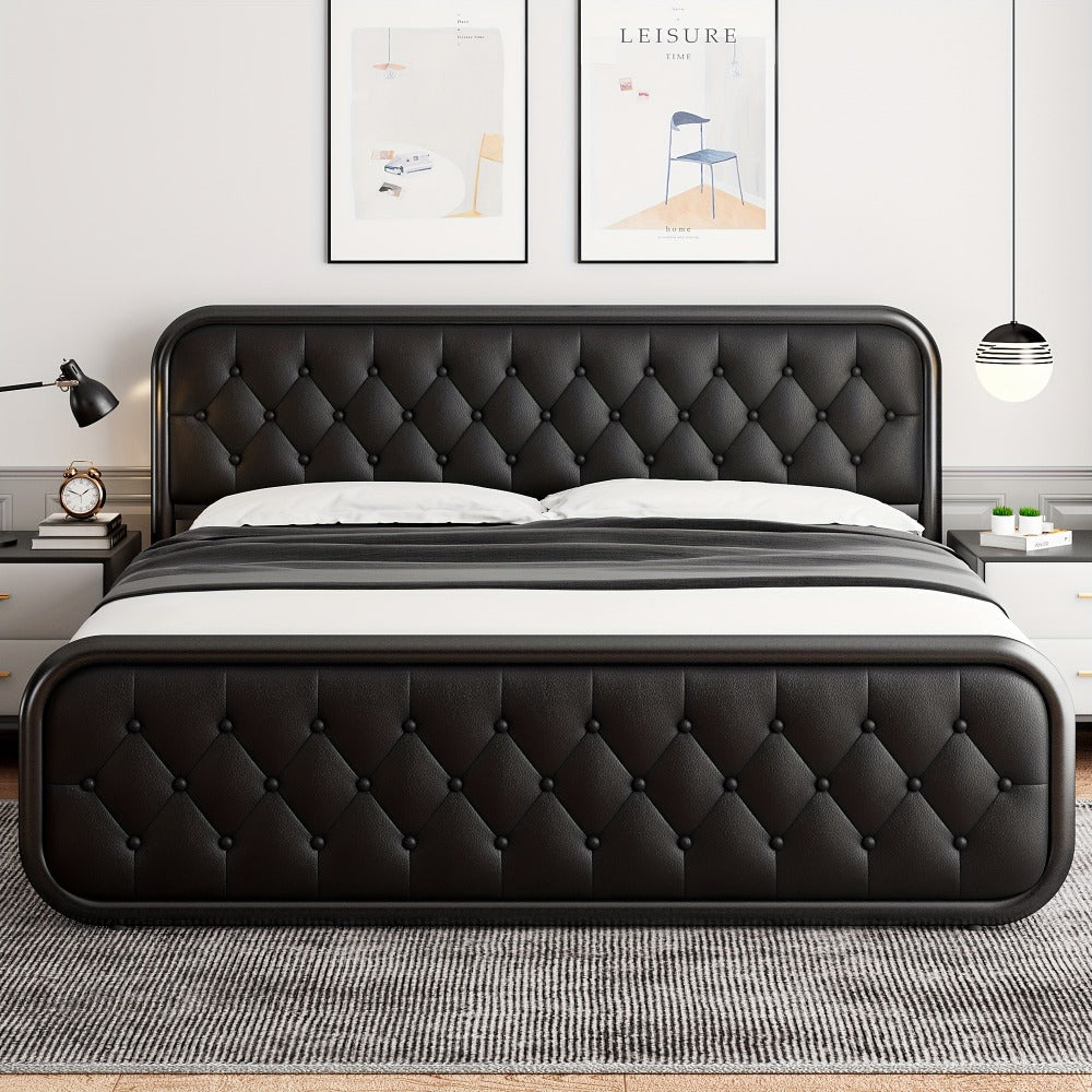 Bed Frame, Metal Platform with Faux Leather Headboard Heavy Duty Steel Slats 12 Inch Under shown in the main product view