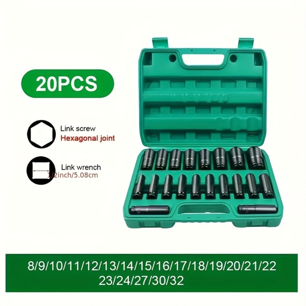 Impact Socket Set 10-20pcs 1/2" Drive Metric Deep CR-V Steel 8mm-32mm Extended Hex Socket Automobile Repair Tool Kit