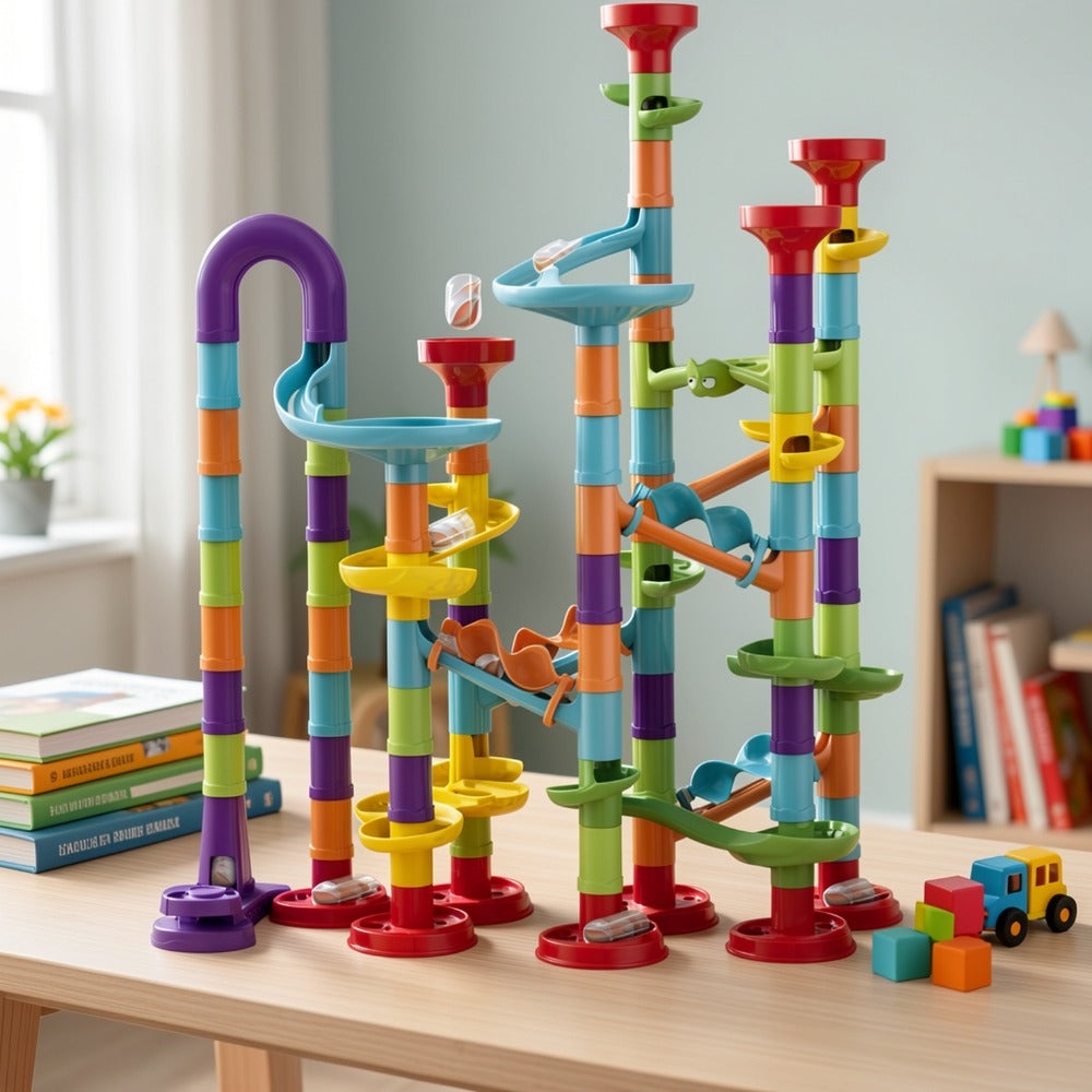 Marble Run Set Building Blocks for Kids 112/147pcs with Glass Marbles – STEM Marble Race Track Construction Toy Logic Hand-Eye Coordination Learning Game, Best Birthday Gift for Boys & Girls Ages 4+